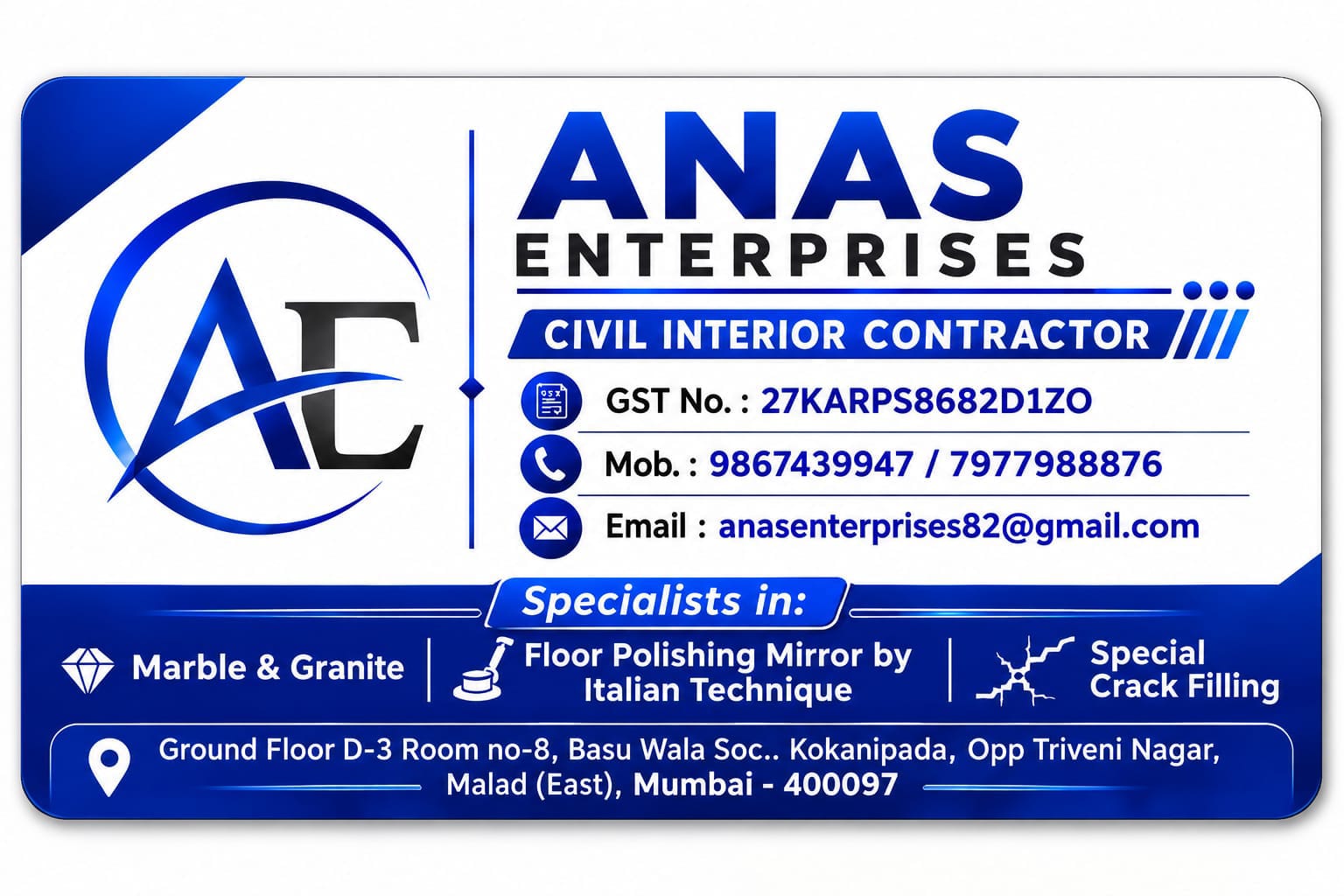 Anas Enterprises Civil Interior Contractor visiting card — marble and granite specialists, Malad East Mumbai
